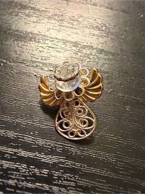 Gold-Tone Angel Pin Brooch with Clear Crystal Accent